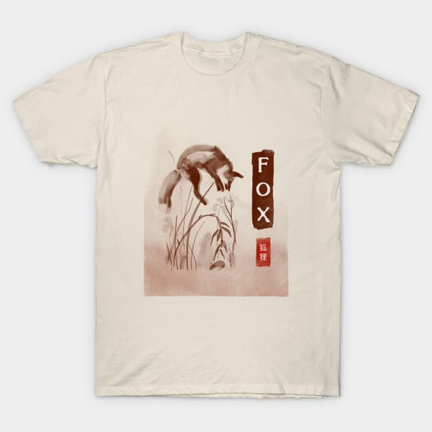 Fox and Mouse Korean Ink Brush Painting T-Shirt by Batcat Apparel